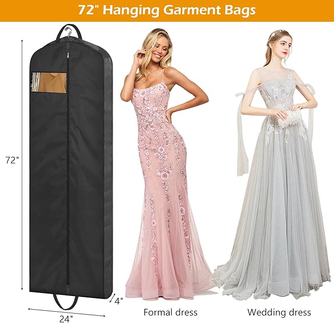 MISSLO 72" Wedding Dress Garment Bag Waterproof Garment Bags for Travel for Women Dress Bags for Gowns Long for Closet Storage 3-Pack, Black