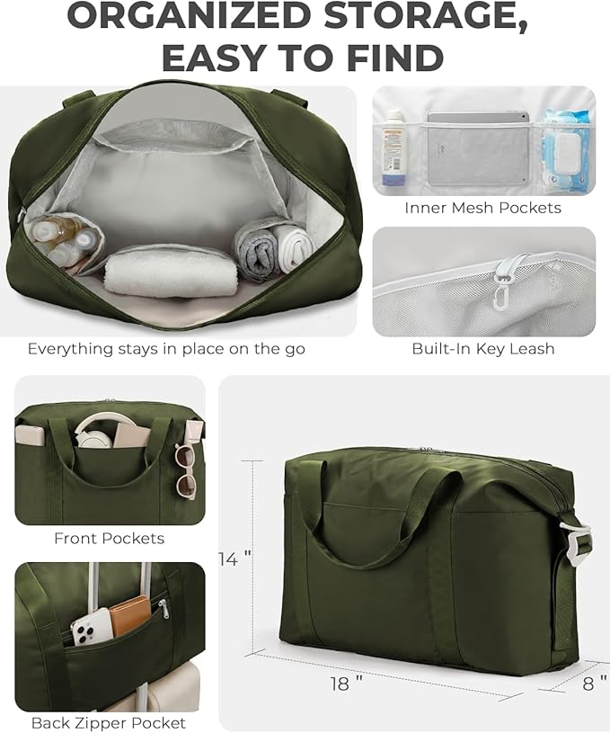 Percover Weekender Travel Duffel Bag for Women, Lightweight Soft-Structure 33L Carry-On, Water-Resistant Nylon with Shoulder Strap & Trolley Sleeve, Personal Item Friendly, Olive Green