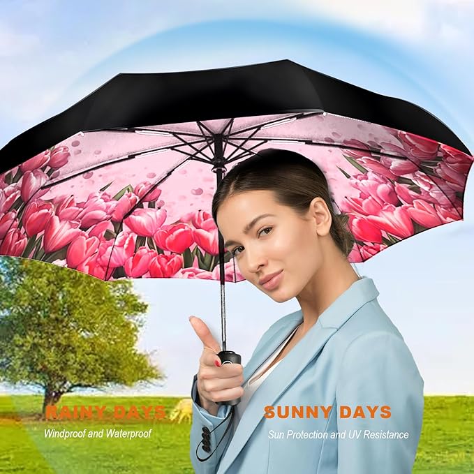 SIEPASA Windproof Travel Compact Umbrella-Automatic Umbrellas for Rain- Folding Umbrella, Travel Compact Umbrella.(Inverted/Tulip)