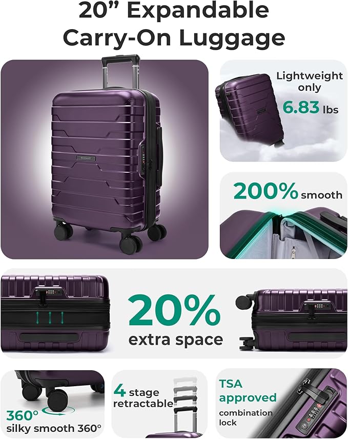 BAGSMART Carry On Luggage 22x14x9 Airline Approved with Spinner Wheels,Lightweight 20 Inch Luggage with TSA Lock,Expandable Hard Shell Carry On Suitcases for Men Women,Purple