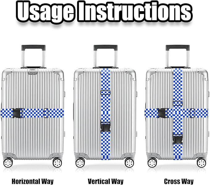 Nuxovilar Luggage Straps of 2 Set Blue White Checkered Pattern, 1.96x90.5 inches - Luggage Straps for Suitcases, Ideal for Sea Trips, Casual Trips, Daily Use