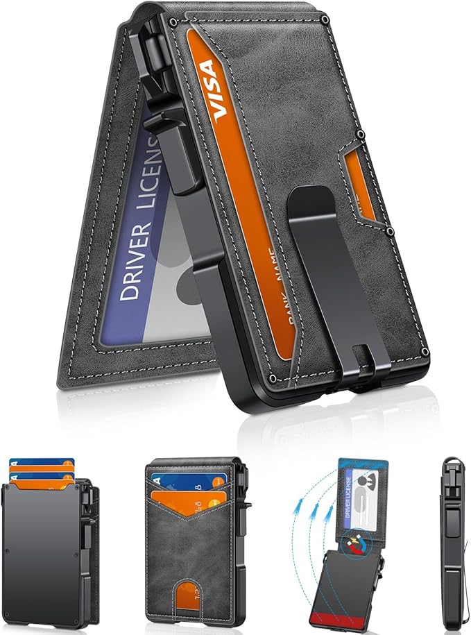 ZALVEX Wallet for Men, Mens Minimalist Wallet 9-13 Cards, Slim Compact Wallet with Money Clip & ID Window, RFID Blocking Smart Pop Up Card Wallet, Metal Aluminum Credit Card Holder Bifold Wallet
