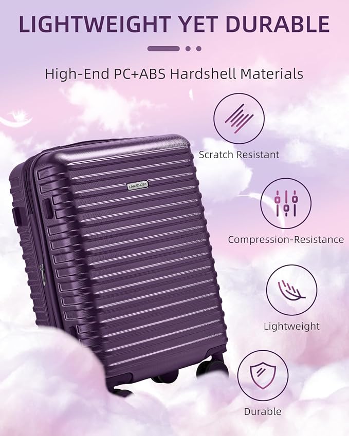 LARVENDER Carry on Luggage 22x14x9 Airline Approved, Expandable 20 Inch Hardside Suitcase with Wheels TSA Lock, PC+ABS Lightweight Carry on Suitcases for Women and Men, Royal Purple (20/DB/TB)