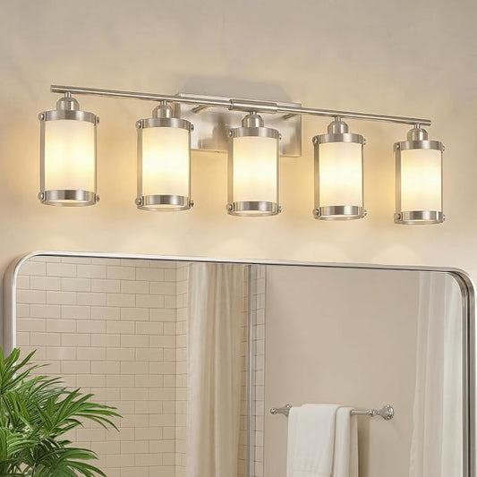 5-Light Brushed Nickel Bathroom Light Fixtures Over Mirror with Frosted Milk Glass and Metal Cage Shade, 38" UL-Listed Modern Farmhouse Wall Sconce for Bath, Hardwire E26, OS-3014BNW-5W