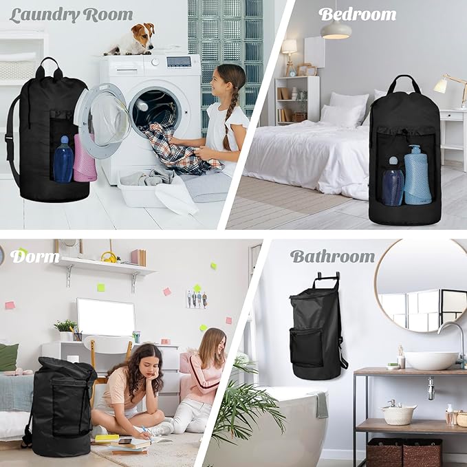 Laundry Bag Backpack Large Travel Laundry Backpack with Adjustable Shoulder Straps Portable Hamper Bag for College, Dorm, Apartment Camp(Black)