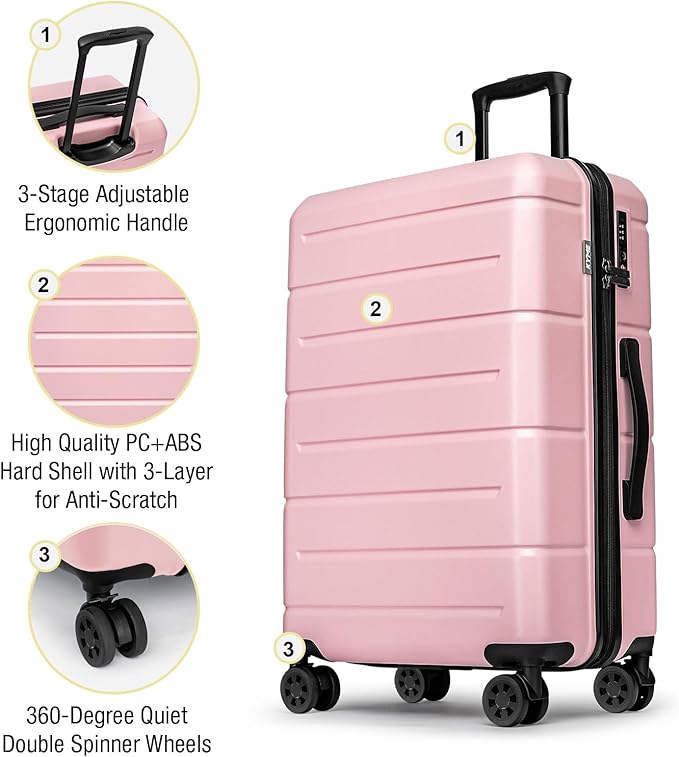 KYME Luggage Sets 3 Piece Hardshell 20"/24"/28" Suitcase with Wheels Hardside Suitcase Set with TSA Lock Large Travel Luggage Set for Women Pink