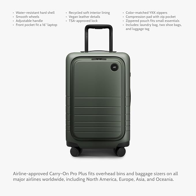 Monos Carry-On Pro Plus Luggage (23"), Hardside Spinner Suitcase with TSA Lock & Front Pocket, Airline Approved, Olive Green
