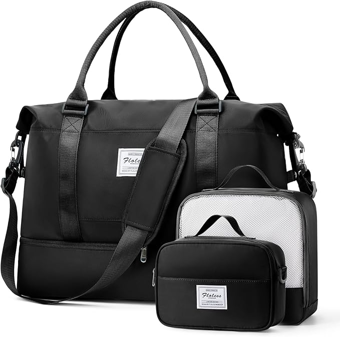 Weekender Bags for Women,Travel Duffel Bags with Shoe Compartment & Wet Pocket,Personal Item Travel Bag for Airlines,Carry on Overnight Tote Bag for women,3Pcs Set，Black