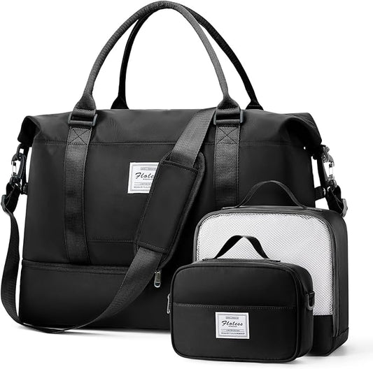 Weekender Bags for Women,Travel Duffel Bags with Shoe Compartment & Wet Pocket,Personal Item Travel Bag for Airlines,Carry on Overnight Tote Bag for women,3Pcs Set，Black