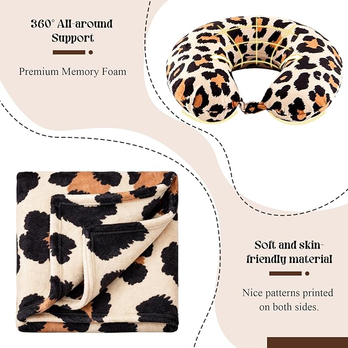 5 Pcs Travel Pillow and Blanket Set, 5 in 1 Travel Airplane Compact Includes 40 x 60 Inch Throw Blanket Eye Mask Neck Pillow Earplug and Bag Gifts for Travelers Women(Leopard Print,Brown)