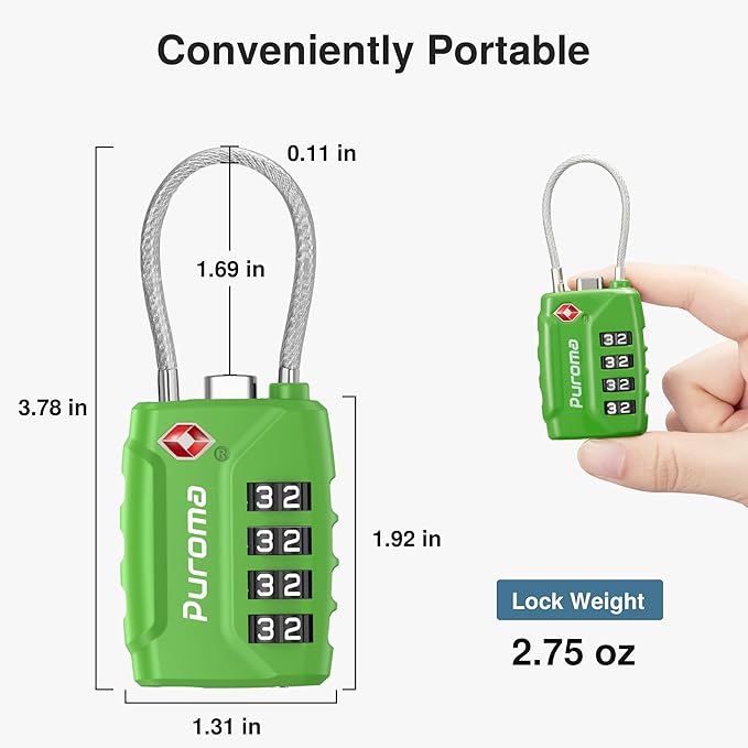 Puroma 2 Pack TSA Approved Luggage Locks, 4 Digit Combination Travel Cable Locks Resettable Code Lock with Zinc Alloy Body for Suitcase, Toolbox, Backpack, Bag, Gym Locker (Basic Green)