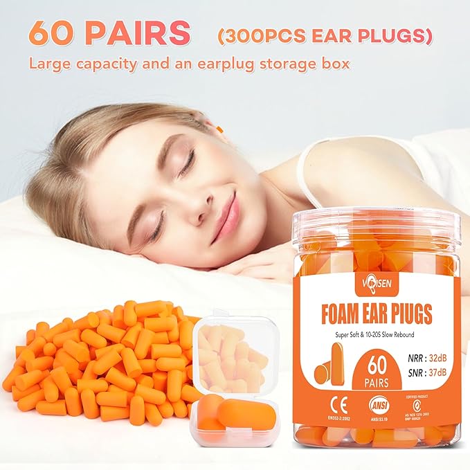 VOISEN 60 Pairs Foam Ear Plugs, Ear Plugs for Sleeping Noise Cancelling, 32dB NRR, 37dB SNR Earplugs for Sleeping, Snoring, Studying, Loud Events, Traveling & Concerts, A Storage Box, Orange