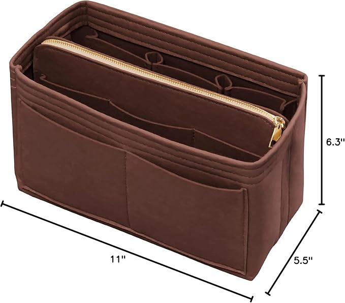 DailyPlus Purse Organizer Insert with Zipper & Key Chain Felt Bag Organizer for Tote Purse Handbag Brown Medium