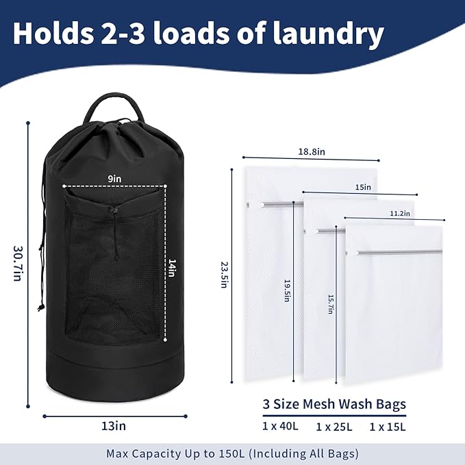 150L Laundry Bag Backpack with 3 Sizes Mesh Wash Bags and Shoulder Straps Foldable Clothes Hamper Bag with Drawstring Closure for College, Apartment, Laundromat (Black)