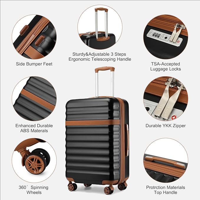 Kono Medium Sized Checked Luggage, 24 Inch Expandable with Spinner Wheels, TSA Lock, ABS + PC Lightweight Travel Suitcase with Larger Capacity and Lighter Weight, Black Brown