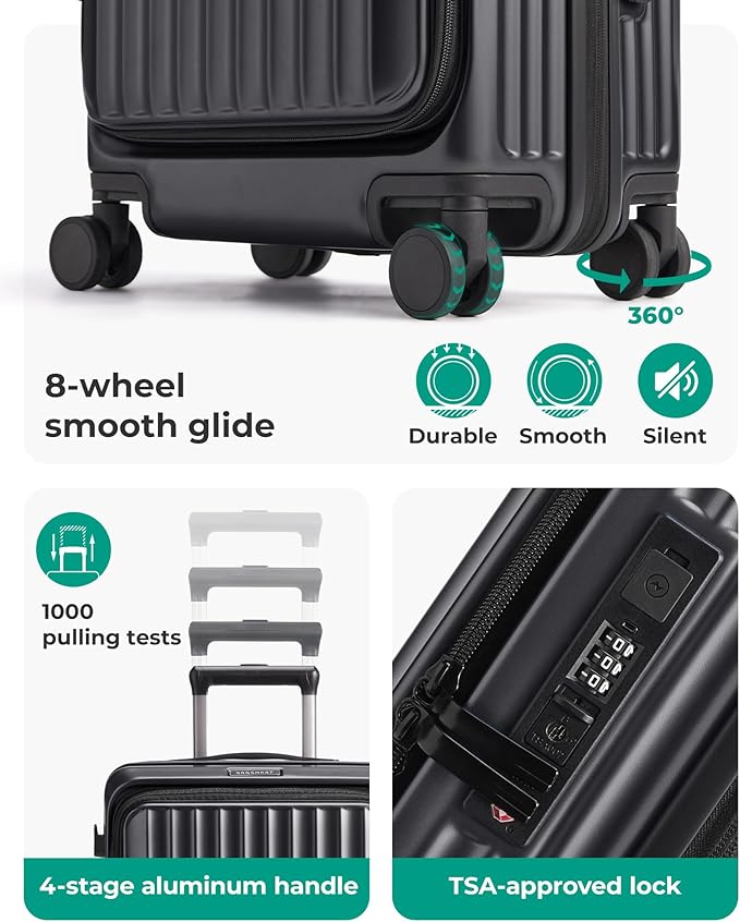 BAGSMART Top Opening Carry On Luggage 22x14x9 Airline Approved with TSA Lock, Expandable 20 Inch Deep Compartment Hard Shell Suitcases with Double Spinner Wheels, Black