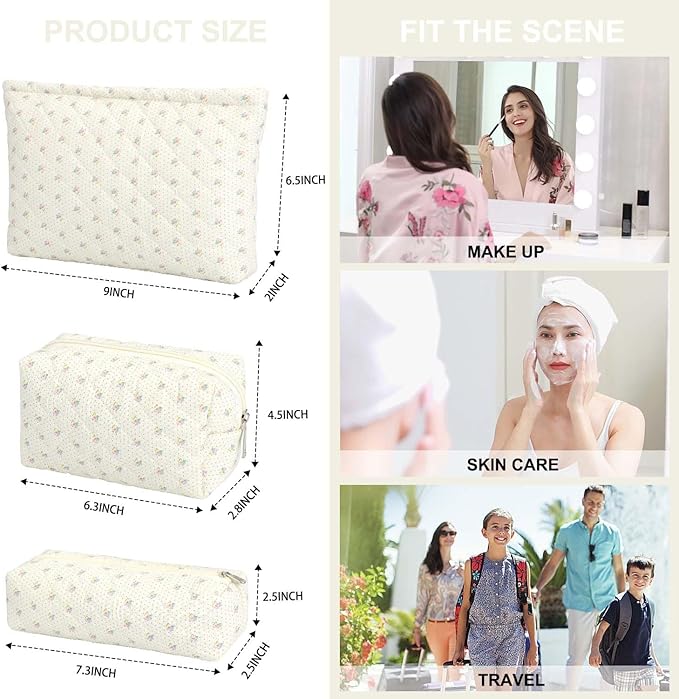 EIMMBD Makeup Bag 3 Pieces Large Capacity Checkered Cosmetic Bag Travel Toiletry Bag Organizer Cute Makeup Bag Pouch Storage Bag for Women(Beige Floral)