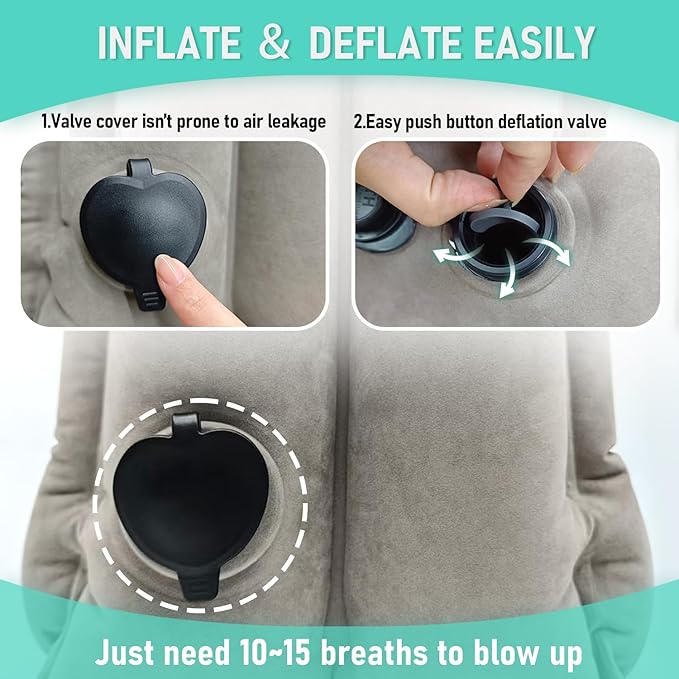Inflatable Travel Pillow for Airplanes, Airplane Pillow for Long Flight Comfortably Supports, Used for Planes, Trains, Cars, Includes Storage Bag, Eye Mask & Earplugs (Grey)