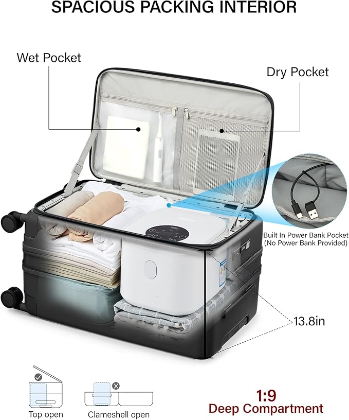 Hanke 24 Inch Expandable Checked Luggage with Cup Holder and Charger Port,Top Opening Hard Shell Suitcases with Wheels, Medium Travel Rolling Suitcase Trunk Luggage with Lock, Jet Black