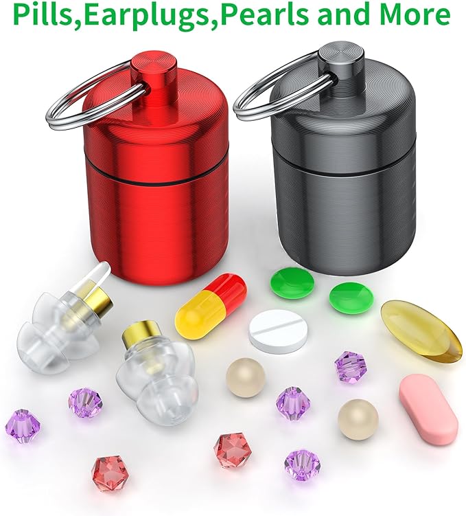Ear Plug Carrying Case Keychain(2 Pack), Small Waterproof Metal Earplug Case Ear Plug Holder Container Great for Earplugs, Pills Case Pill Box and Jewelry Holder (Grey Red)