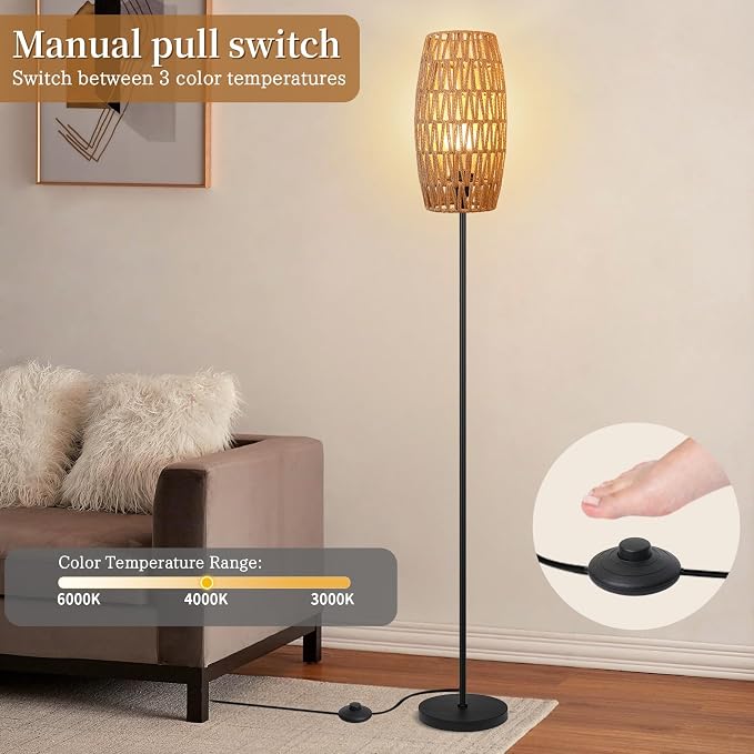 Ruiever Floor Lamp for Living Room,Farmhouse Floor lamp,Modern Standing lamp with Hand-Worked Rattan Shade (Drum Rattan Shade Black Body Color-3 Color Bulb)