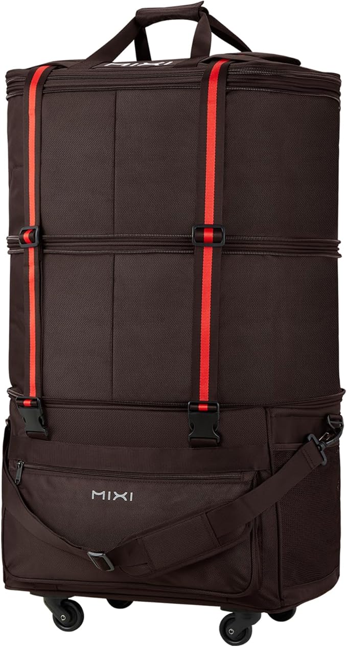 mixi Travel Bag with Wheels Expandable Foldable Luggage Bag Collapsible Rolling Travel Duffel Bags Large Capacity Suitcase for Men Women, Brown