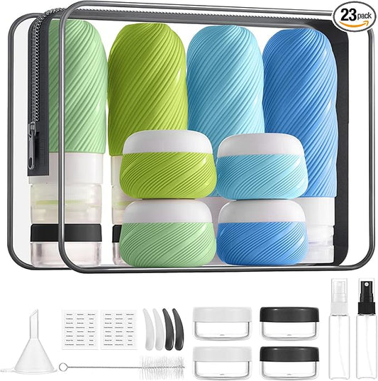 LitBear 23 Pack TSA Approved Travel Bottles for Toiletries, Leak Proof Refillable Travel Size Containers Kit with Silicone Squeezable Bottles Jars for Shampoo Lotion Conditioner, in Clear Bag, Blue