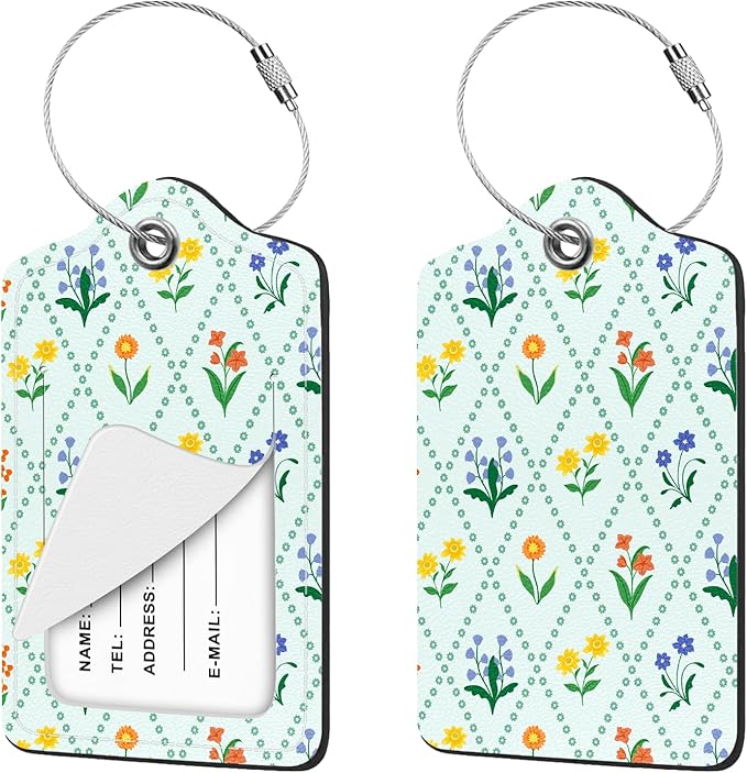 2 Pcs Luggage Tag for Suitcases, Floral Flowers Cute PU Leather Suitcase Tag Privacy Cover ID Label with Metal Loop, Personalized Baggage Identifier for Women Cruise Bag Travel Essentials