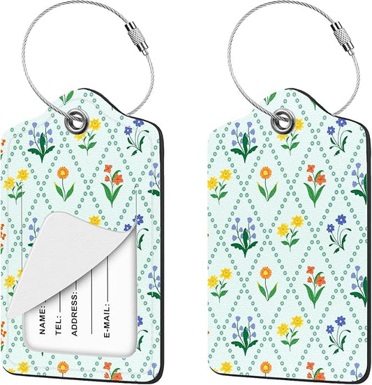 2 Pcs Luggage Tag for Suitcases, Floral Flowers Cute PU Leather Suitcase Tag Privacy Cover ID Label with Metal Loop, Personalized Baggage Identifier for Women Cruise Bag Travel Essentials
