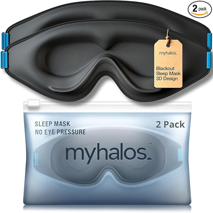 MyHalos® Sleep Mask – 3D Blackout Eye Mask for Women & Men, Side Sleepers, Zero Pressure Memory Foam Eyelash Friendly, Breathable,Award-Winning Sleep Aid for Travel (Black, 1 Count (Pack of 2))