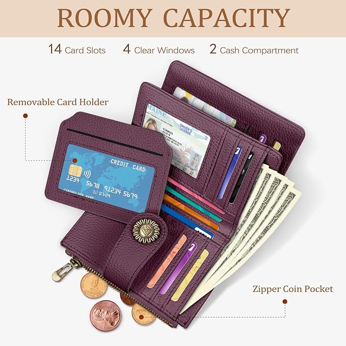 Icycay Small Wallet Women RFID Blocking Bifold, Credit Card Holder, Zipper Coin Pocket, PU Leather, Compact Travel, 4 ID Window, 14 Card Slots, Cash Purse, Ladies Woman Female Girls