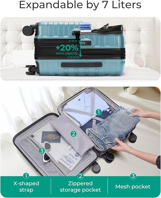 BAGSMART Carry On Luggage 22x14x9 Airline Approved with Spinner Wheels,Lightweight 20 Inch Luggage with TSA Lock,Expandable Hard Shell Carry On Suitcases for Men Women,Teal Blue