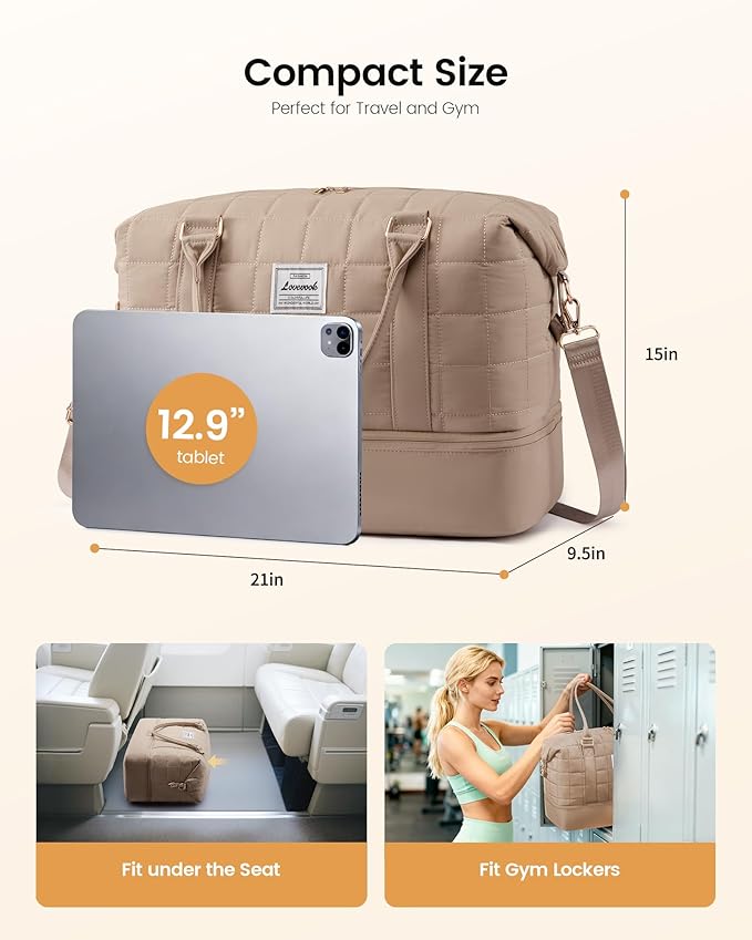 LOVEVOOK Travel Duffel Bag - Versatile Weekender Bag for Women, Puffer Carry On & Overnight Bag for Short Trips, Black/White/Brown