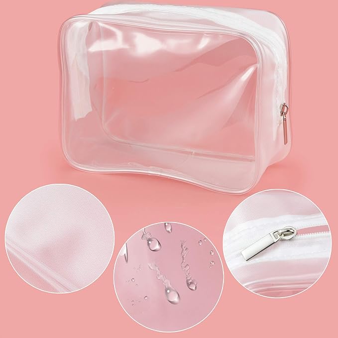 Wobe 5 Packs Clear Cosmetics Bag TSA Approved, PVC Zippered Toiletry Carry Pouch Portable Makeup Bag for Vacation Travel, Bathroom and Organizing Waterproof Makeup Vinyl Case (Medium, White)
