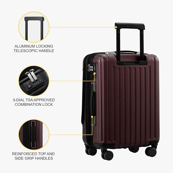 LEVEL8 Grace Large Carry on Luggage, 20 Inch Expandable Hardside Suitcases with wheels, Abs+Pc Harshell Spinner Luggages with Tsa Lock, Red