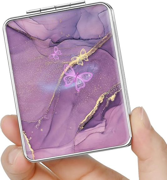 Pocket Mirror, Small Travel Mirror with Magnification, Portable Double-Sided Magnifying Cosmetic Mirror for Daily (Purple Butterfly)