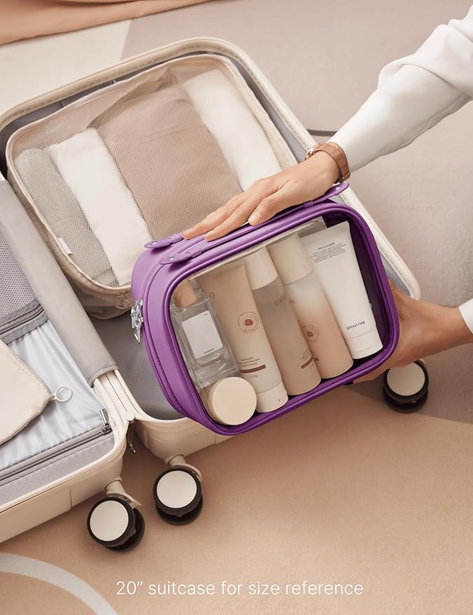 Clear Cosmetic Bag Double Layer Travel Toiletry Bag Clear Makeup Bag Case with 4 Compartments, Transparent Travel Bag for Toiletries, Large Toiletry Bag for Women Cosmetic Case (Purple, Large)