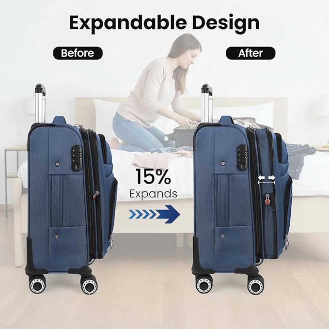 Softside Luggage Sets 2 Piece,Expandable15% Lightweight Durable Suitcase Sets Double Spinner Wheels & w/Combination LOCK（Blue,20in/30in）