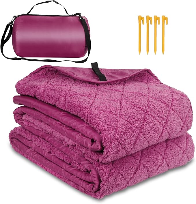 Northroad Waterproof Outdoor Blanket w/Sherpa Lining, Large Windproof Camping Blankets for Cold Weather, Light Weight and Warm for Stadium, Hiking, Dog, Picnic, Washable, 67”X 87” (Purple, 1PCS)
