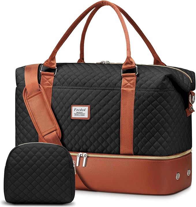 Travel Weekender Duffle Bags for Women: Overnight Bags with Shoe Compartment Large Carry on Weekend Bag with Toiletry & Wet Pocket Tote Duffel Bag Hospital Bag for Women Labor Delivery Black Brown