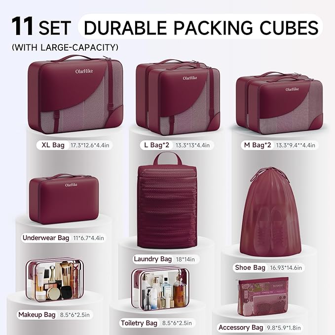 11 Set Packing Cubes for Travel, Gifts for Women Mom Kids, TSA Approved Bags for Makeup, Cosmetic, Toiletry, Suitcase Organizers for Checked Luggage, Cruise Essentials,Airplane Accessories, Burgundy
