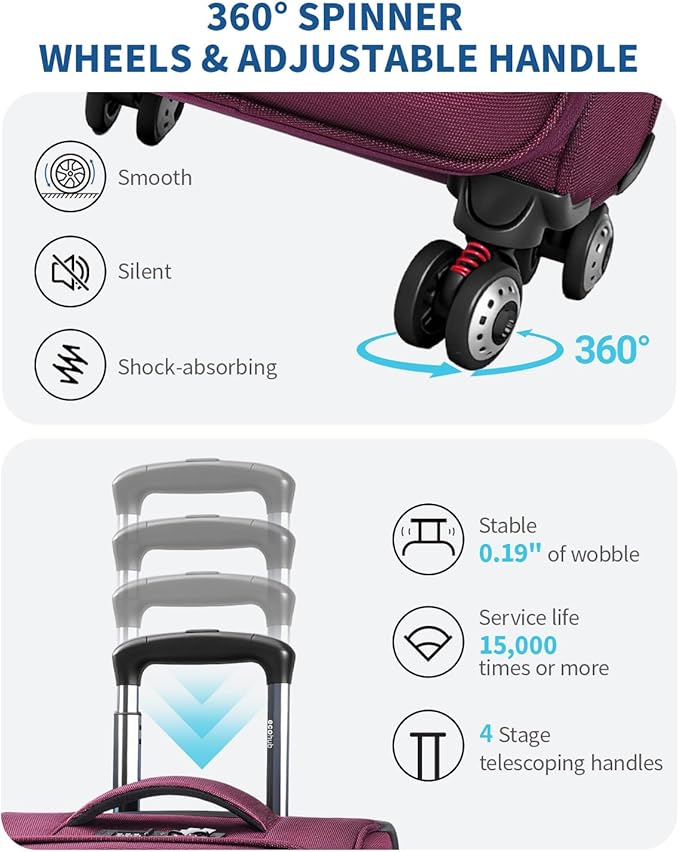 ECOHUB Carry On Luggage Airline Approved, 20 Inch Softside Carry On Suitcase with Spring Shock-Absorbing Spinner Wheels, Lightweight Travel Luggage with TSA Lock, 22x14x9 Carry-On Bag