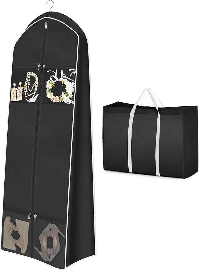 MISSLO 70" Wedding Dress Garment Bag with Bride Tote Bag 8'' Gusseted Wedding Dress Bags for Gowns Long 4 Pockets Dress Cover for Women, Black
