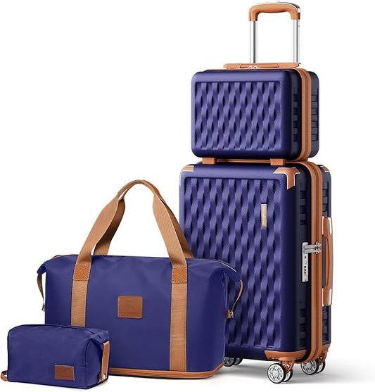 Melalenia Luggage Set 4 Piece Carry On, Hardside Suitcase with TSA Lock and Spinner Wheels, Carry-On Ailline Approved, Navy Brown