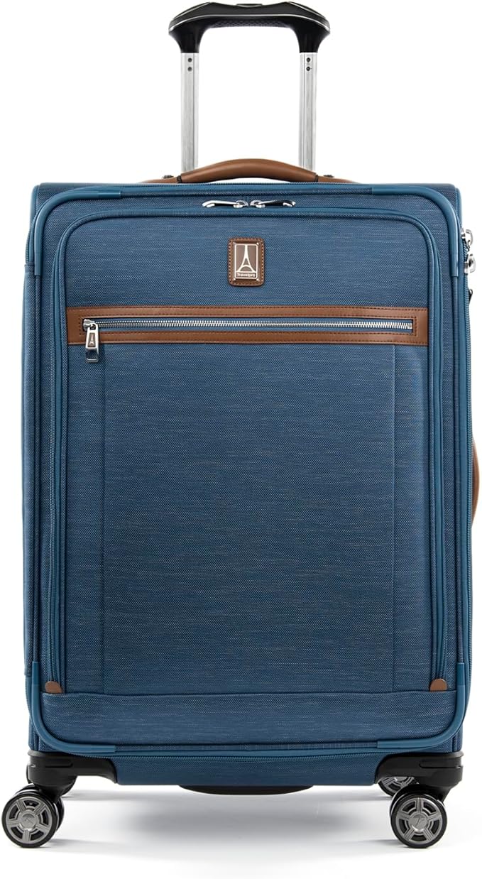 Travelpro Platinum Elite Softside Expandable Checked Luggage, 8 Wheel Spinner Suitcase, TSA Lock, Men and Women, Coastal Blue, Checked Medium 25-Inch