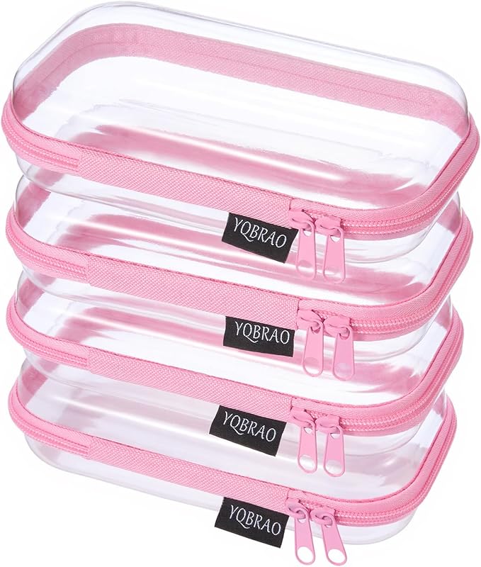 YQBRA 4 Pack Clear Hard Shell Zipper Case, See-Through Hard Plastic Organizer Pouches with Zipper for Travel, Toiletries, Makeup, Electronics & Pencils - Crush-Resistant Storage (S Pink)