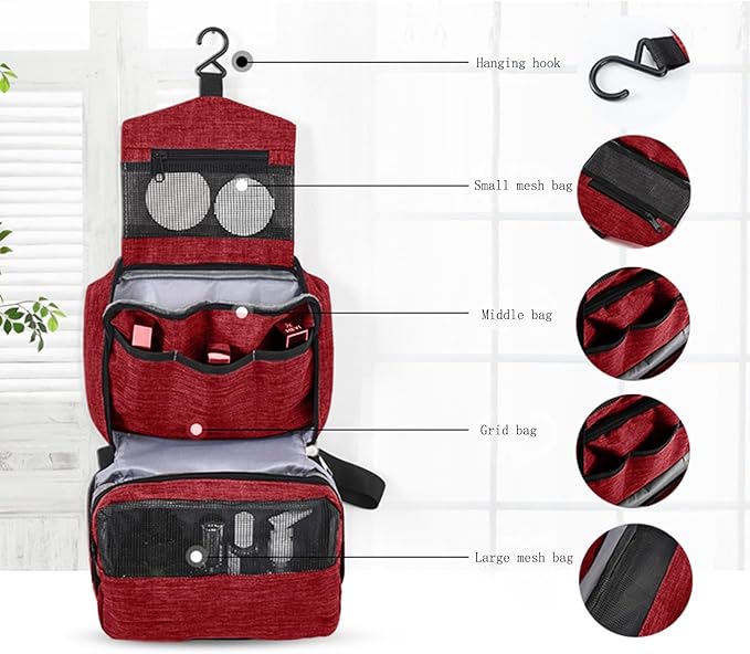 Travel toilet bag is used to store toiletries, Suitable for short-term travel use hanging toilet bag (Burgundy)