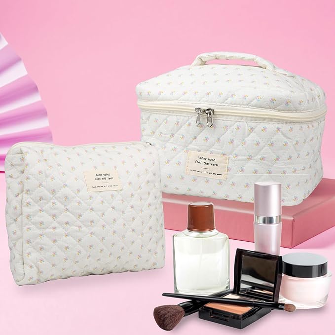 Cute Makeup Bag for Women(2 Pcs), Travel Cosmetic Bags, Quilted Coquette Aesthetic Floral Toiletry Organizer Bag (Little Flower)