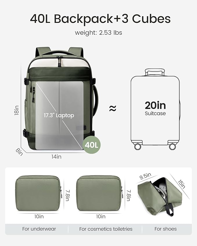 LOVEVOOK 40L Travel Backpack for Women Men, Airline Approved Carry On Luggage with 3 Cubes Accessories, TSA Personal Item Travel Cruise Essentials, Waterproof Weekender Overnight Bags fits 17" Laptop