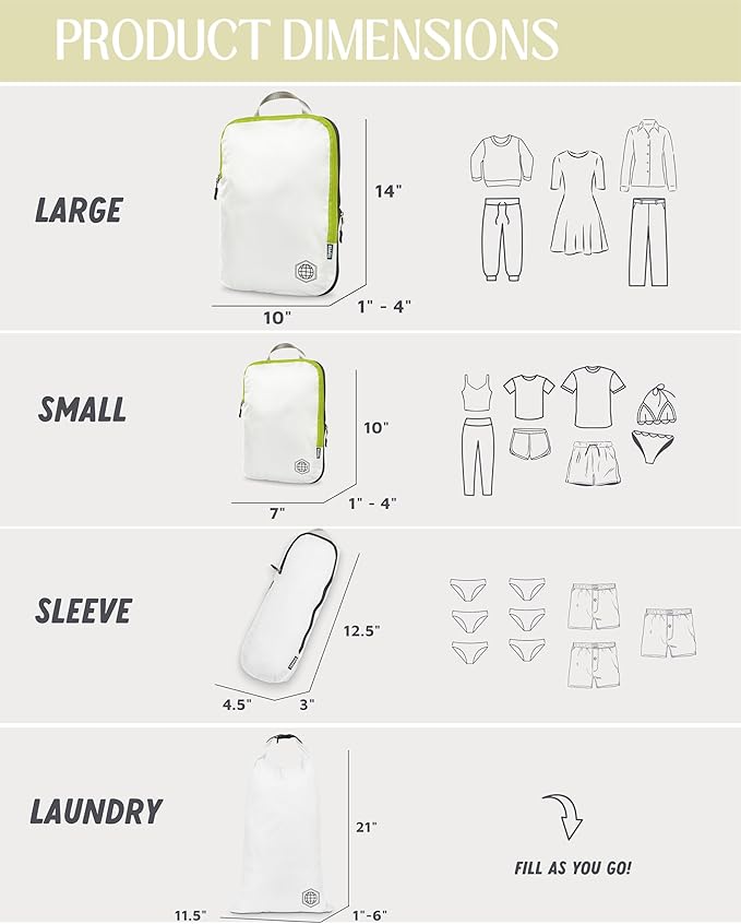 Compression Packing Cubes 6 Piece Set for Carryon Suitcases- Lightweight, Durable Clothes Organizer (White and Green)